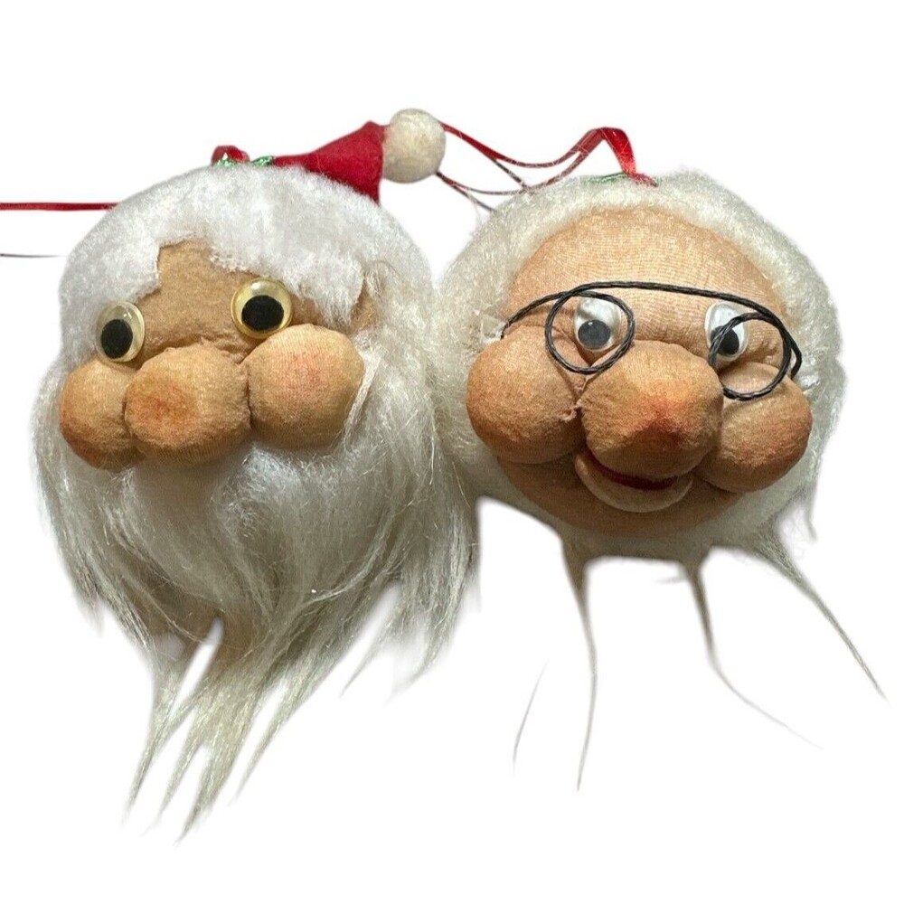 Vintage Handmade Christmas Ornaments Santa & Mrs. Claus Heads Pantyhose Foam 70s